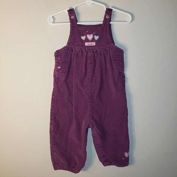 VINTAGE CARTER'S JUST ONE YEAR SIFT PURPLE OVERALLS HEART PATCHES SIZE 9 MONTHS - Picture 1 of 5